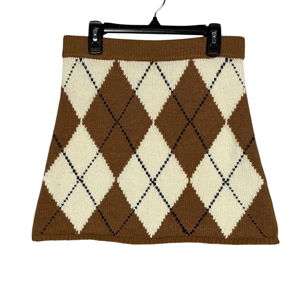Saylor Brown Argyle Knit Mini Skirt Preppy Academic A-Line Sweater Skirt